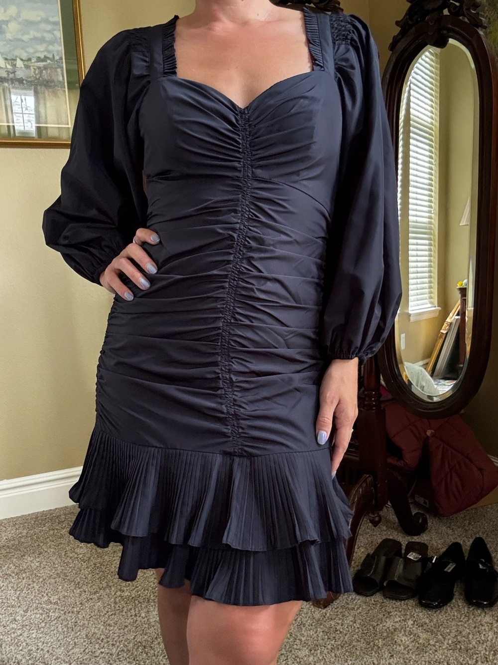 Parker Midnight Blue Puff Sleeve Mini‎ Dress Coquette Wedding Guest XS NWT